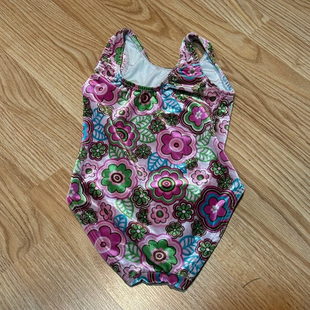 Girls Retro Flower Print‎ One Piece Leotard Kids Size S Pink Green Blue